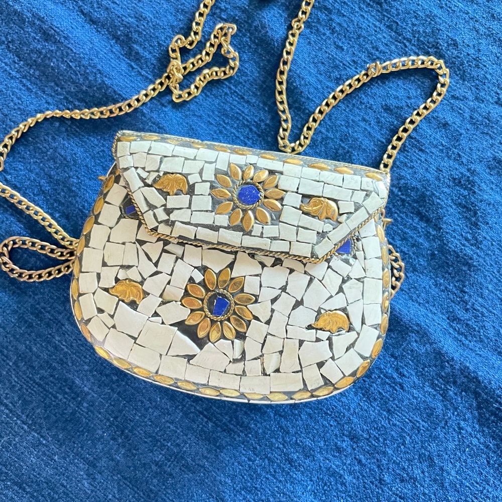 Cream and Gold Crossbody Bag with Mosaic Design and Gold Accents